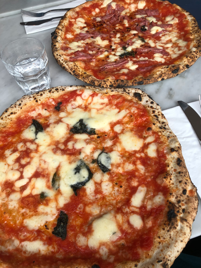 Two pizzas at dog friendly restaurant, Vicoli Di Napoli
